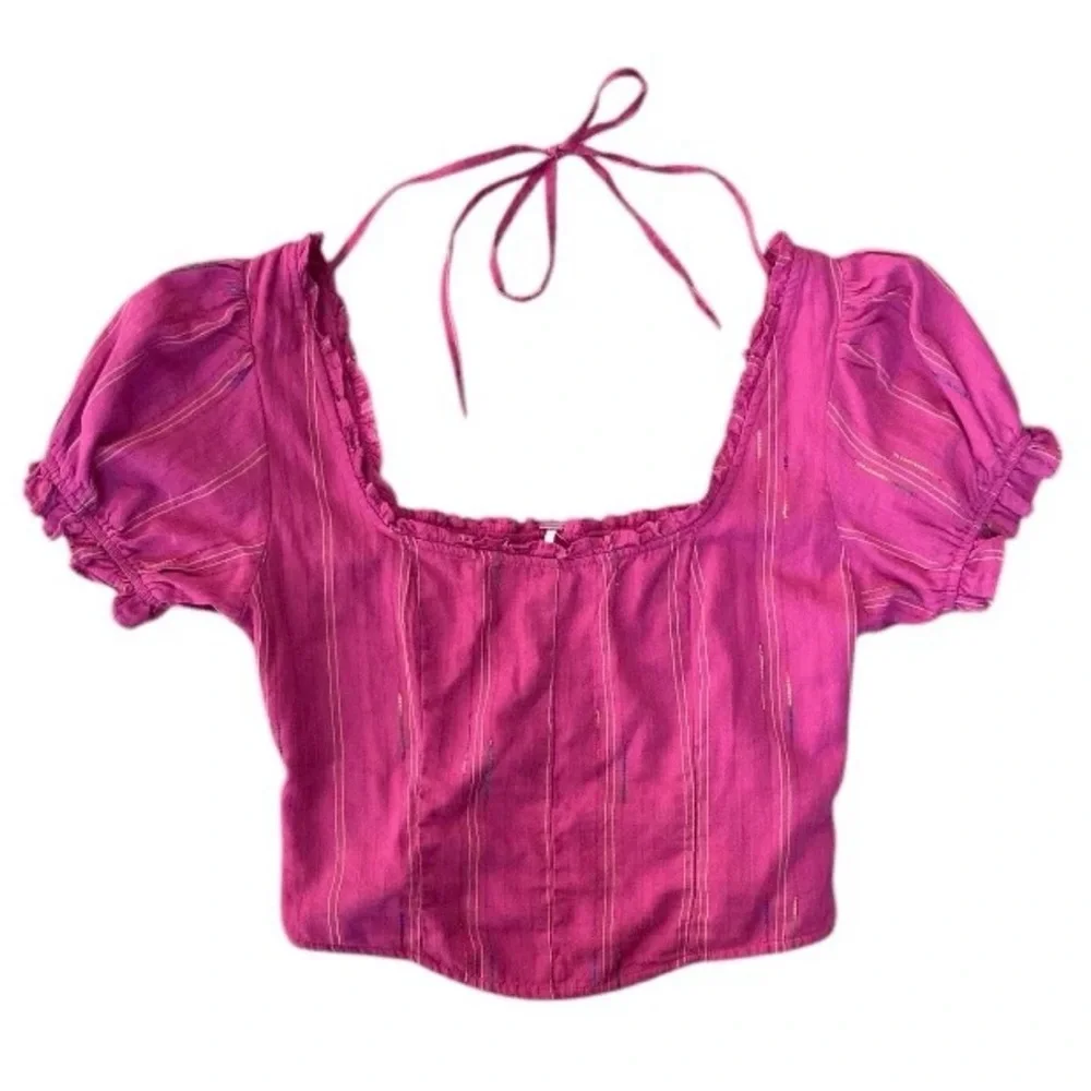 Free People Serotonin Corset Smocked Puff Sleeve Pink